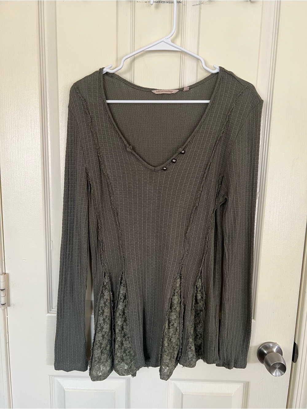 Soft Surroundings Olive Lace Inset Ribbed Tunic Top Medium Boho